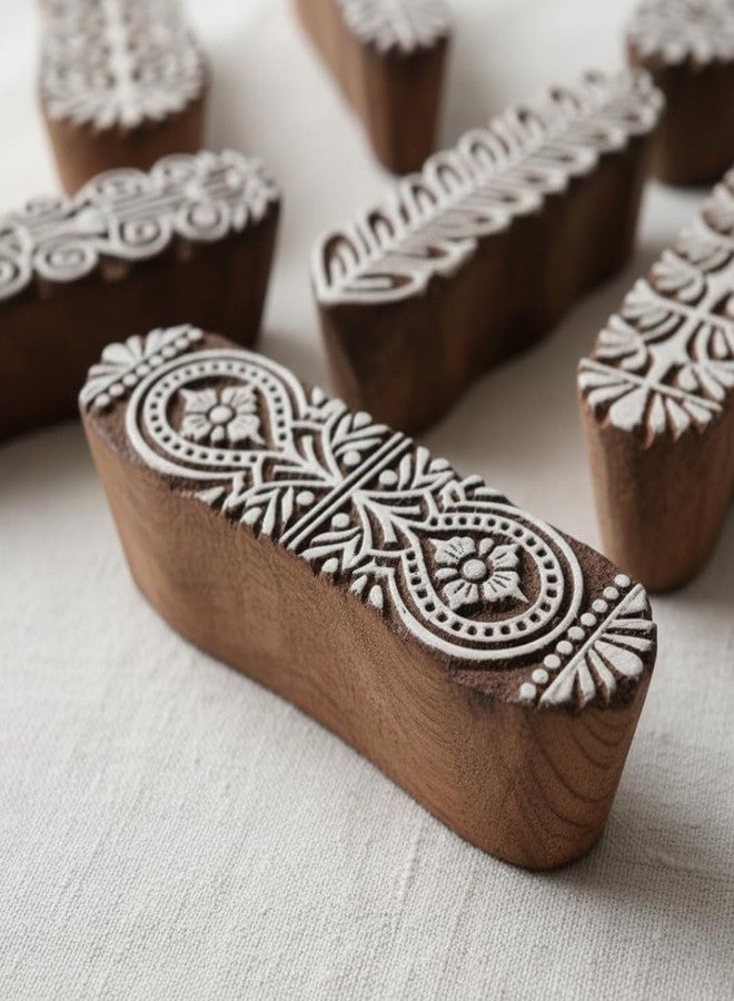 KHUSHA CREATIONS Set of 5 Handcrafted Wooden Printing Block for Fabric Paper & Clay - Indian Border Design Stamps for Textile Printing DIY Craft & Mehndi Art - Image 3